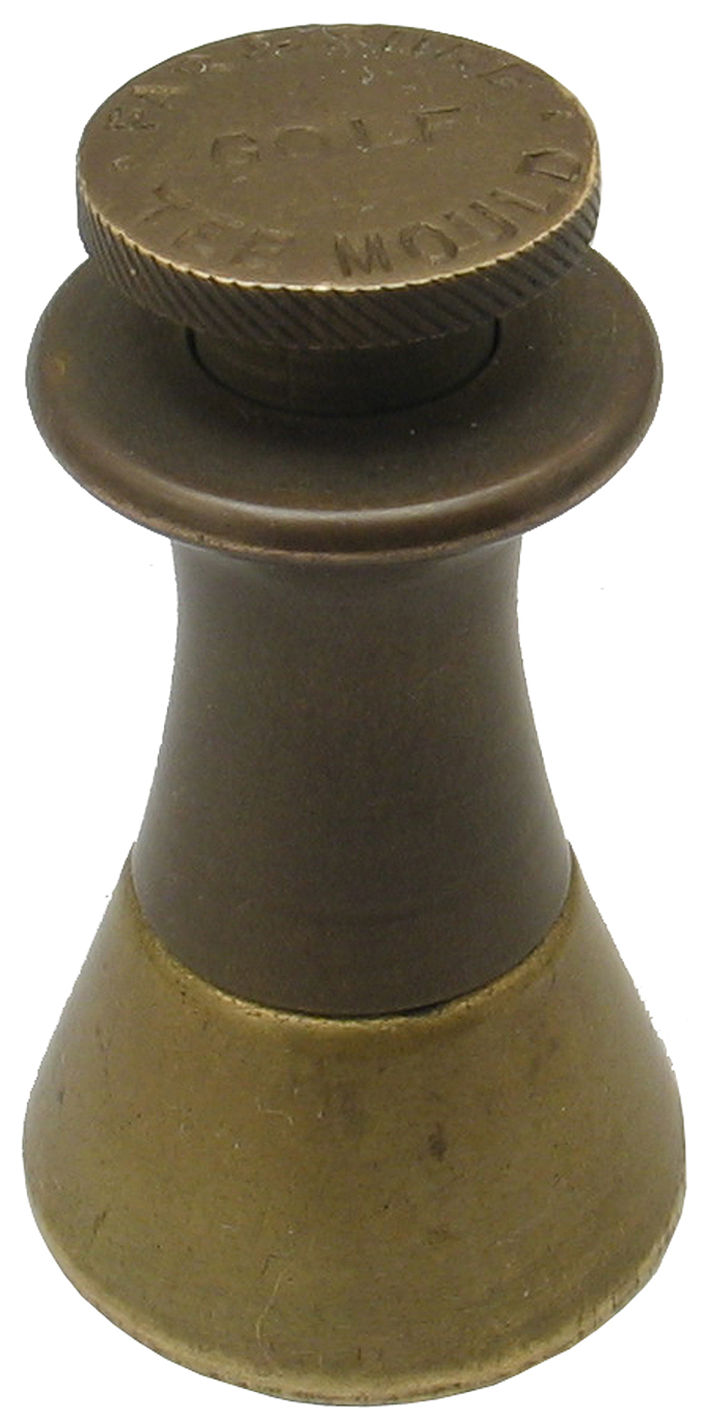 FAR AND SURE GOLF TEE MOULD.A rare golf tee sand mould made of brass with spring loaded plunger