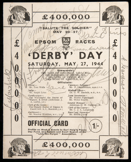 A signed wartime racecard for [donkey] Derby Day at Epsom Racecourse 27th May 1944,
all profits to