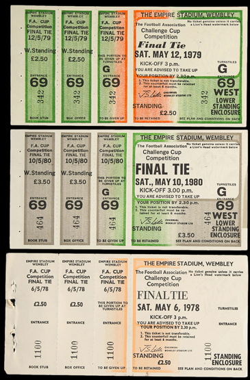 A trio of unused tickets for Arsenal's three consecutive F.A. Cup finals in 1978, 1979 & 1980,