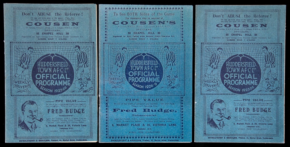Three Huddersfield Town v Manchester United programmes,
31.10.25 (reserves), 13.3.26 & 27.10.28, all
