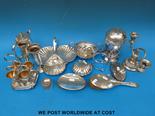 A box of silver plate and silver including egg coddler, silver backed brushes etc.