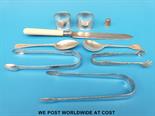 Silver sugar tongs, spoons and thimble (122g) and sundry plated items