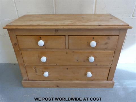 19thc Pine Chest Of Two Over Two Drawers With Ceramic Knobs Width