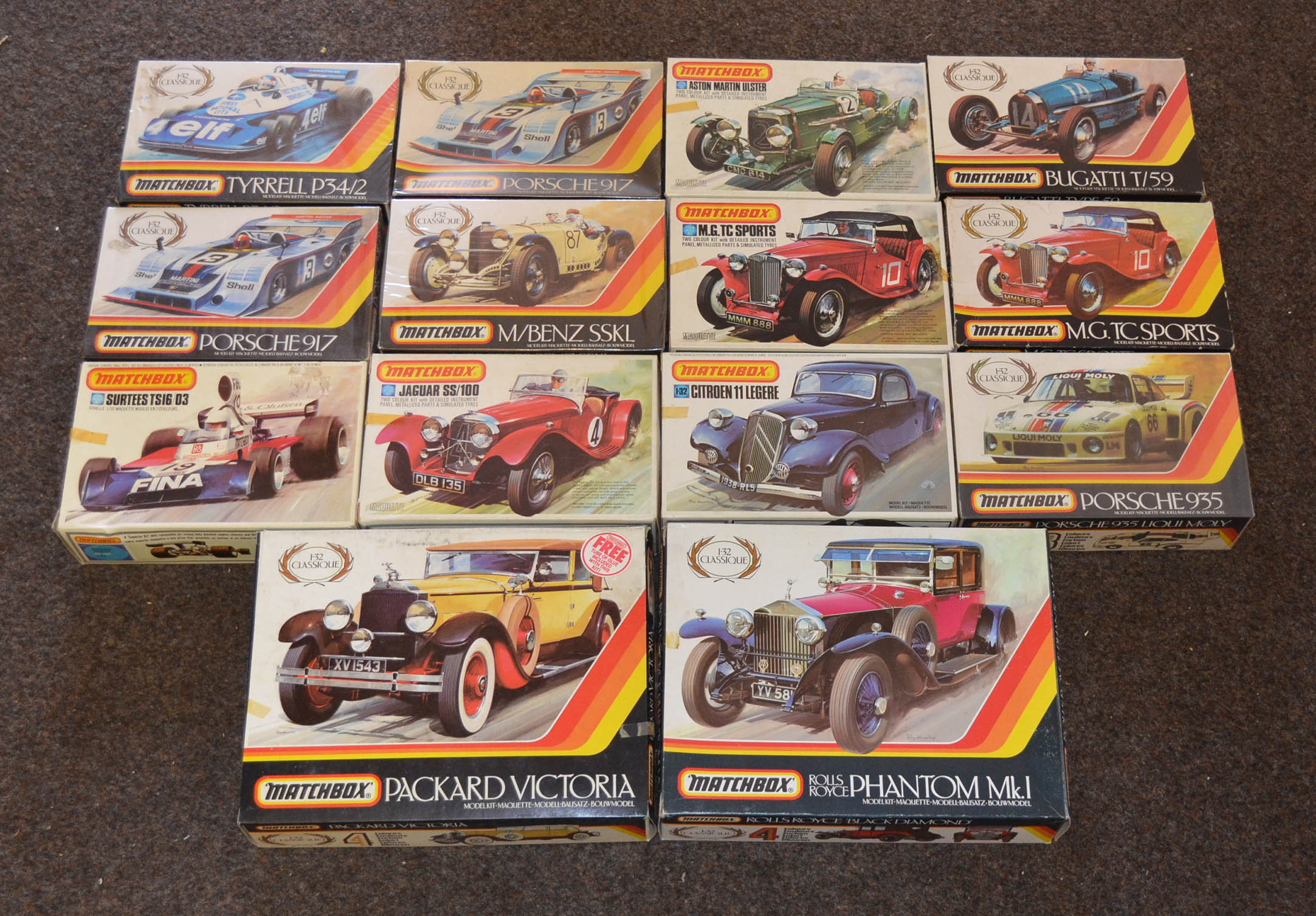 14x plastic model motor car kits by Matchbox. All appear VG, unstarted (not checked if complete),