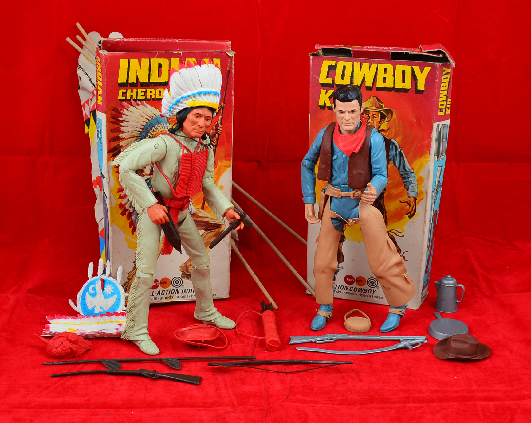 Marx Toys Cowboy Kid and Indian Cherokee action figure dolls, both G+