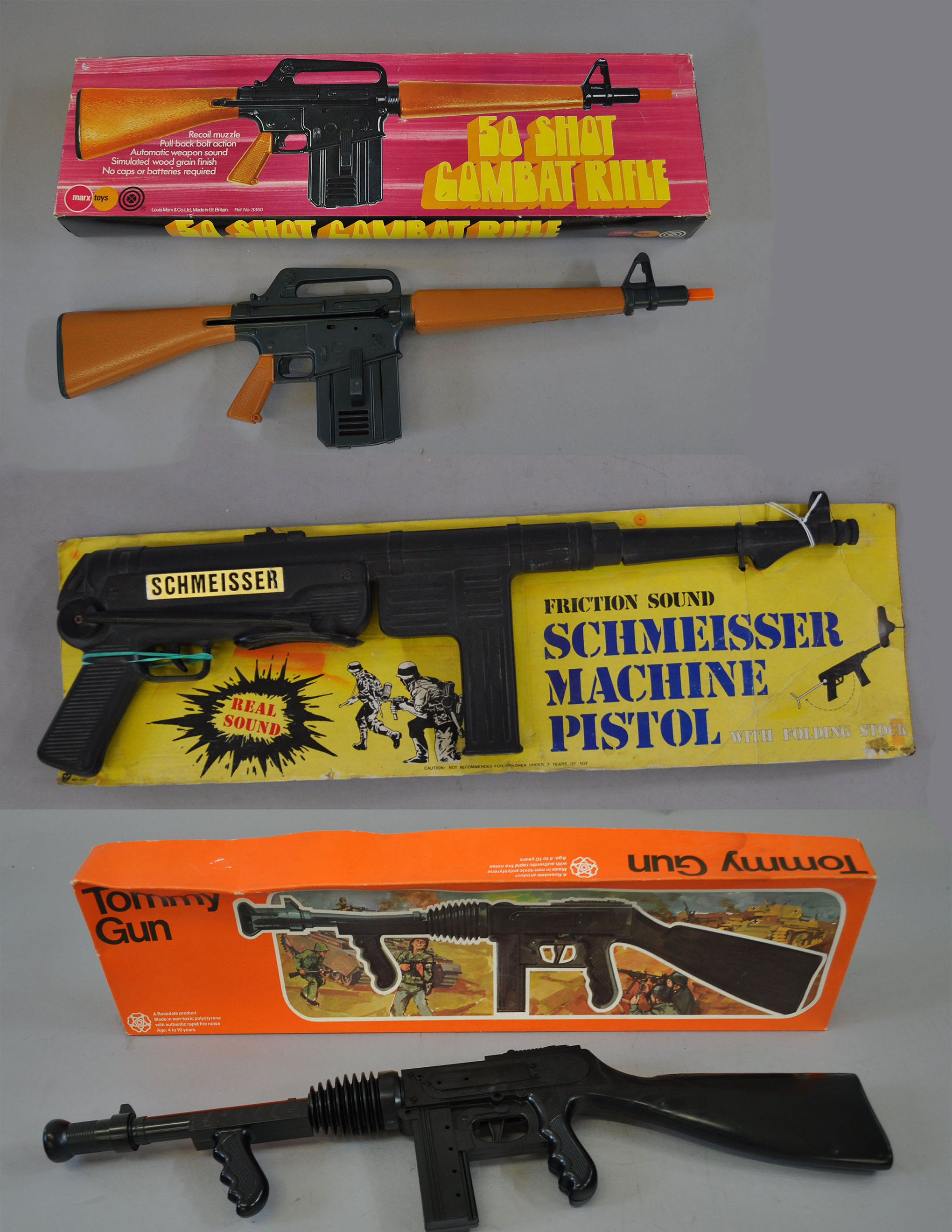 Three toy guns Rosedale Tommy Gun, VG in G+ box, some crushing to lid