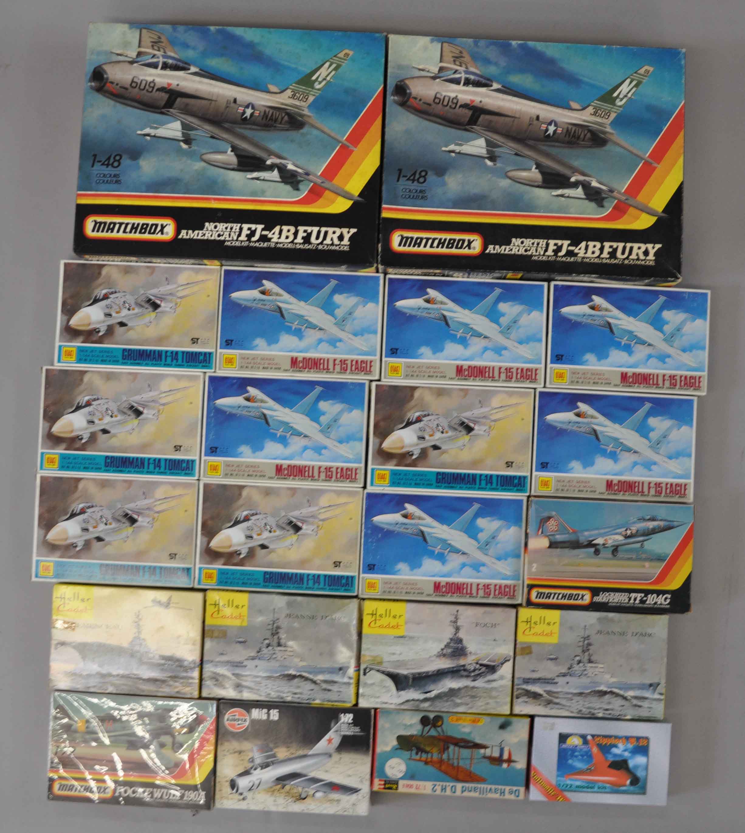 22 x aircraft plastic model kits by Matchbox, Heller, Otaki, etc. Includes 2 x Matchbox FJ4B Fu