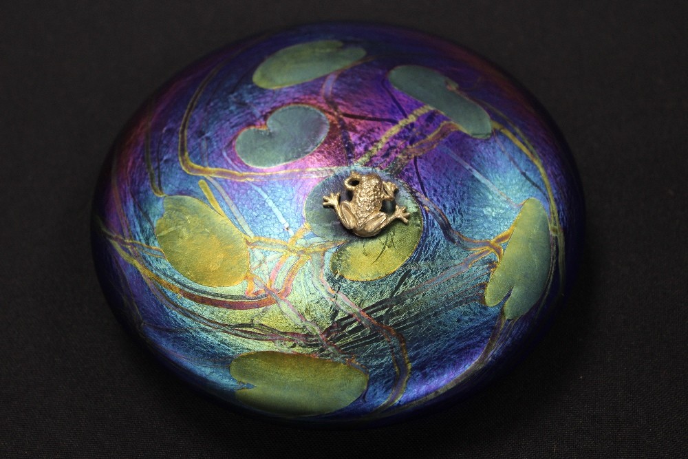 A John Ditchfield Glasform lily pad iridescent glass paperweight with