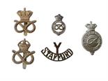 Selection of Stafford Yeomanry Badges including Vic crown white metal arm badge ... Vic crown