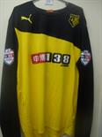 Watford Match Worn Football Shirt: Long sleeve home shirt with Skybet badging to arms and number