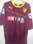 Watford Match Worn Away Football Shirt: Number 8 and McEachran to rear of this burgundy shirt with