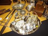 A good collection of plated table ware and pewter ware to include hammered civic pewter basket,