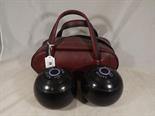 A pair of Elite Taylor crown green bowls, 2 full bias, marked 2-8 V-38419 complete with carry bag (