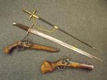 Two reproduction swords and two reproduction pistols