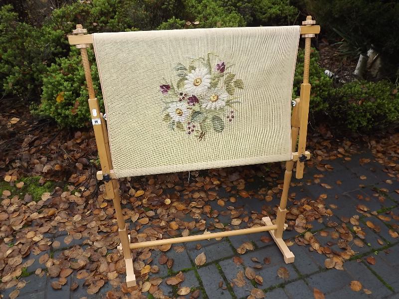 A large adjustable wooden tapestry and embroidery floor standing frame and stretcher, 80cm (wide)
