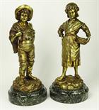 Lot of 2 Early 20th C Style Bronze Figures on Green Marble Bases ""Boy & Girl"" The Boy has a