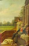 Circa 1891 Russian Oil on Board ""Russian Military Officer with Wife and Dog on Terrace"". Signed