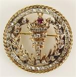 Vintage 14 Karat Yellow Gold Diamond Ruby Pin/Pendant. Torch in Wreath Motif. Unsigned. Measures 1-