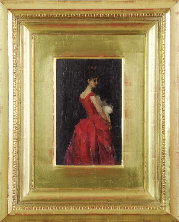TOM ROBERTS (1856–1931) La Favorita Oil on cedar cigar box lid 23cm high, 14.5cm wide Bearing