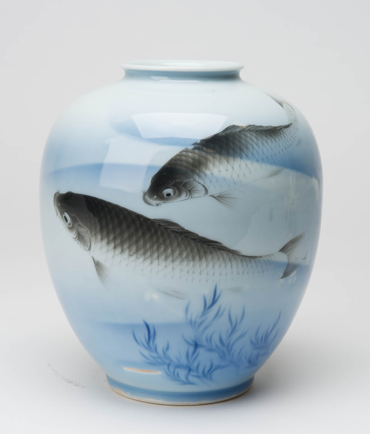 Taisho Period Japanese Fukagawa Vase With Hand Painted Koi Fish