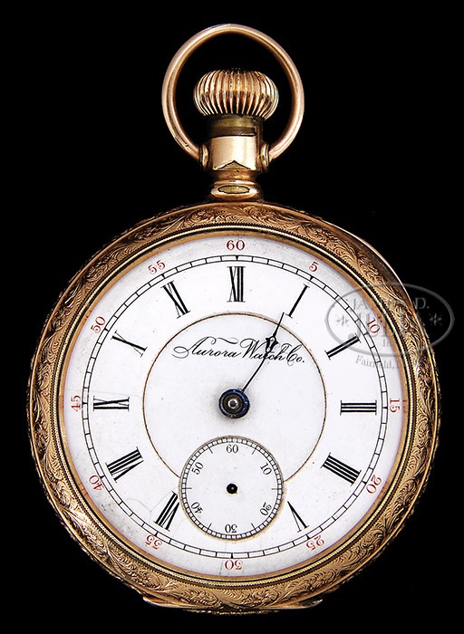 18K GOLD POCKET WATCH BY AURORA WATCH COMPANY.Heavy case marked "Dueber