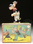 MECHANICAL POPEYE SKATER WITH O/B, JAPAN.Linemar character toy rolls forward holding can of