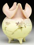 MT. WASHINGTON BURMESE DECORATED VASE. Burmese bulbous vase with fold-down top and applied Burmese