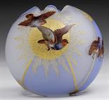 HARRACH ROSE BOWL. Blue decoration of quails in flight in front of a gold sunburst. There are also