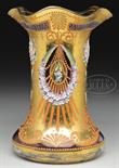 MOSER DECORATED VASE. Moser vase is decorated with flower pots with a single stem leading to a