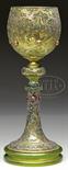 LARGE MOSER DECORATED CHALICE. Large Moser green glass chalice has Persian inspired decoration with