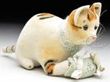 OUTSTANDING AND VERY EARLY STEIFF VELVET CAT PINCUSHION WITH BUTTON. Cat is lying, unjointed, and