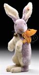 LATE 1920s STEIFF PURPLE MOHAIR BEGGING RABBIT WITH BUTTON. Rabbit is begging, head jointed, and