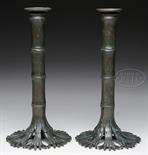 PAIR OF TIFFANY BAMBOO CANDLESTICKS. Pair of Tiffany Studios bamboo candlesticks are finished in a