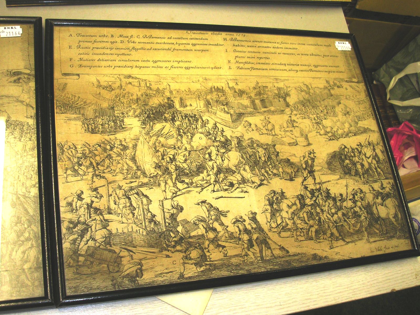SIEGE OF MAASTRICHT (1579): 2 early engravings, suggested artist Jan Miel, 395 x 290mm, framed &
