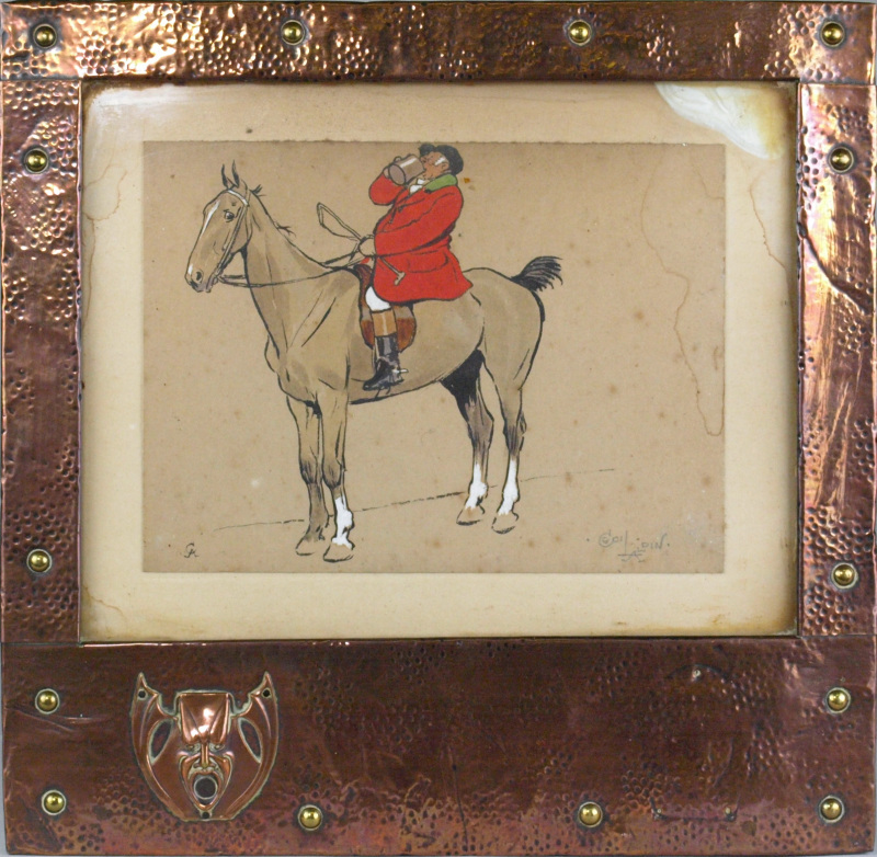 After Cecil Aldin [1870-1935] - Mounted huntsman drinking from a mug of beer- hand coloured print