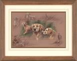 Golden Retrievers.  Pastel painting. Image area 16" x 24". Framed size 27" x 35".  Mick Cawston