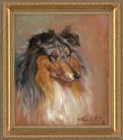 Blue Merle Rough Collie. Oil on Panel, Supplied framed. Painted 2001. Image area 12" x 14".  Mick