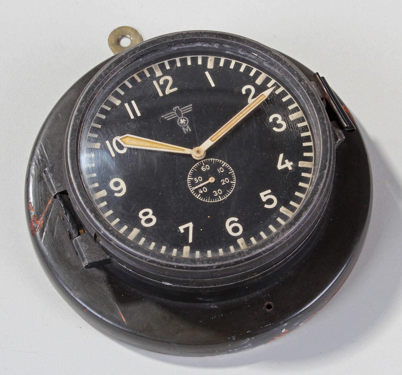 WWII German UBoat clock, black dial with white arabic numerals
