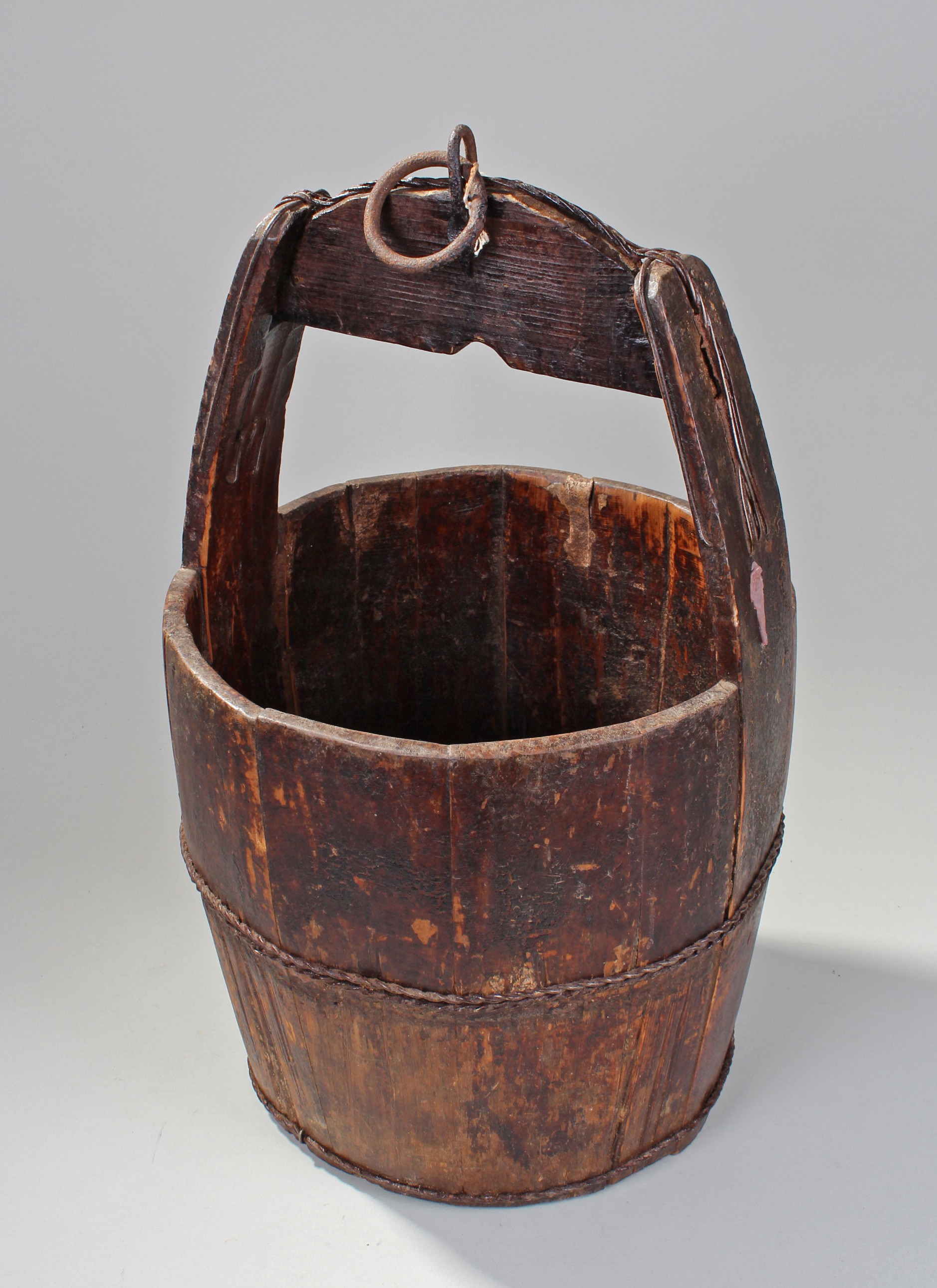 Rustic wooden well bucket, the solid wooden handle with iron loop, 55cm