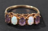 9 carat gold opal and amethyst set ring, set with a row of three amethyst and two opals, ring size