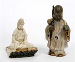 A JAPANESE GLAZED EARTHENWARE SEATED GUANYIN, 
5in (12cm); together with a Japanese earthenware