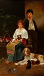 EUGENIO ZAMPIGHI (1859-1944) The New Litter, Woman and Boy with Puppies, O.O.C., bears signature