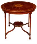 AN EDWARDIAN INLAID MAHOGANY AND MARQUETRY CENTRE TABLE, with centre fan shaped roundel, issuing