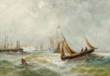 THOMAS BUSH HARDY R.B.A. (1842-1897), Fishing Boats near a Harbour, watercolour and wash, signed