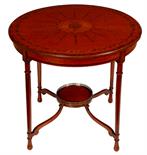 AN EDWARDIAN INLAID SATINWOOD AND MARQUETRY CENTRE TABLE, with centre fan shaped roundel, issuing