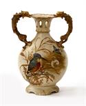 A ROYAL WORCESTER STYLE TWO-HANDLED VASE,
late 19th century, the cream ground decorated with birds