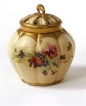 AN ATTRACTIVE ROYAL WORCESTER POT POURRI BOWL AND COVER,
late 19th century, of pumpkin form, the