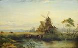 19TH CENTURY DUTCH SCHOOL
"River Landscape with Windmills and Cattle," O.O.B., 8.5in (22cm) x