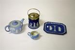 A WEDGE WOOD BLUE AND WHITE JASPER WARE BISCUIT BARREL, 
with silver plated mounts and handle,