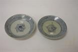 A PAIR OF CHINESE BLUE AND WHITE PORCELAIN DISHES,
late Qing period, decorated with 100 long life